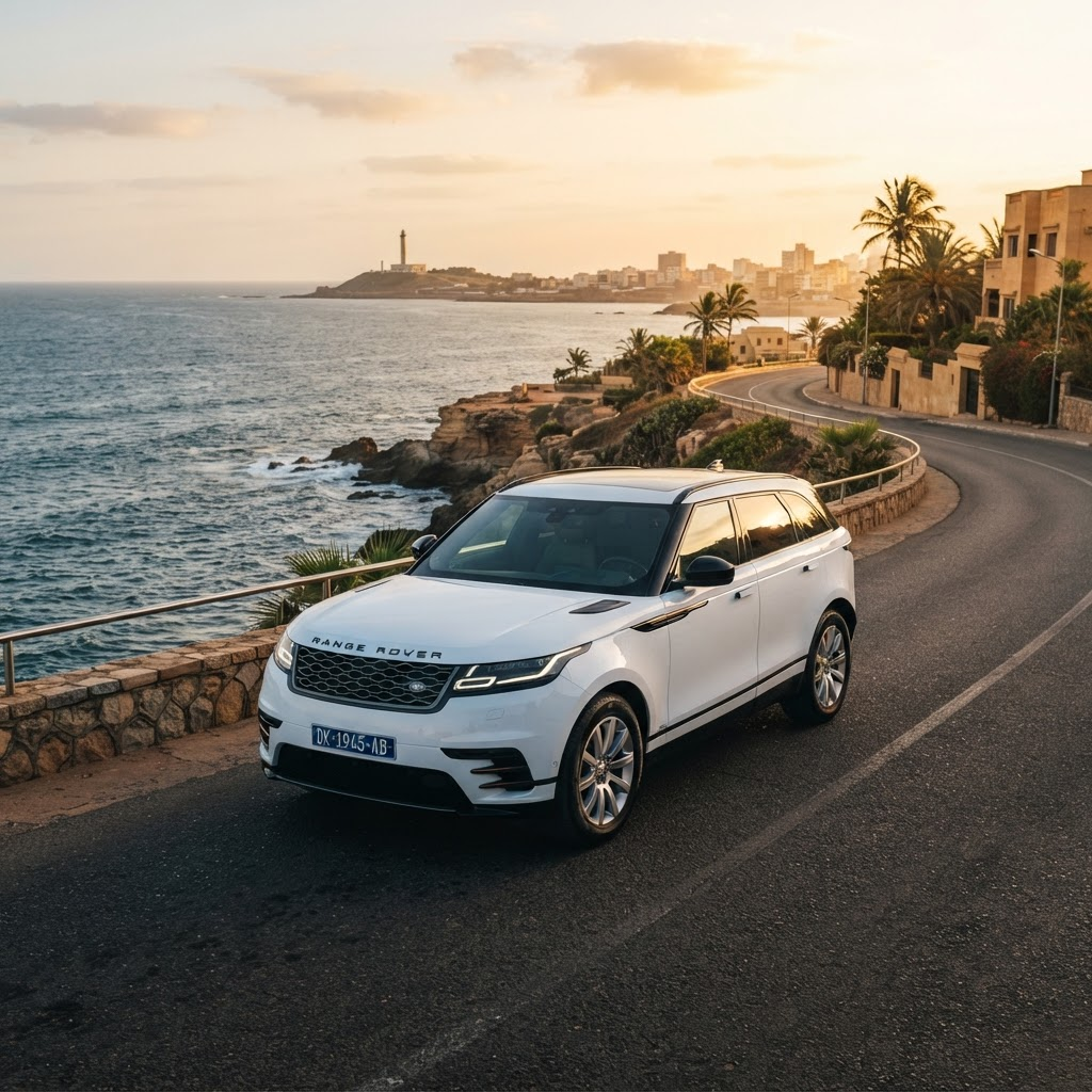 SUV de luxe sur une route côtière à Dakar au coucher du soleil